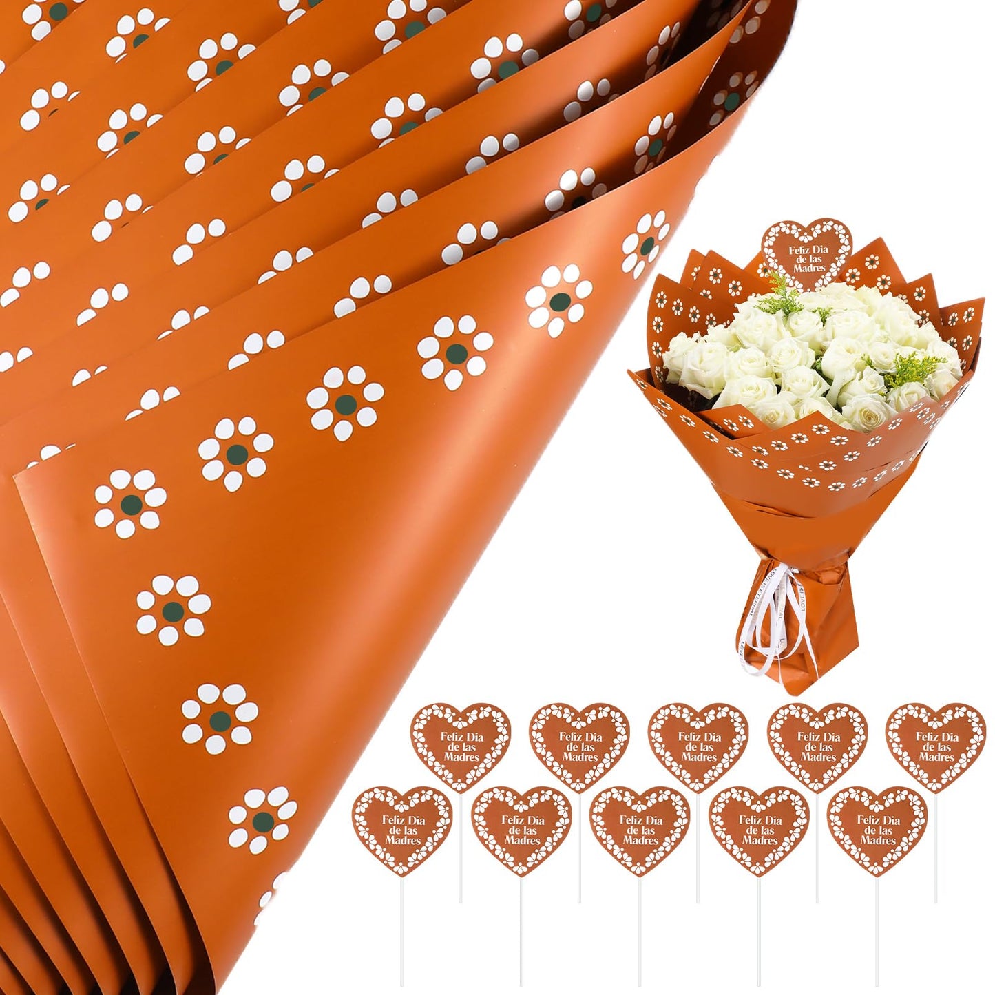Fullhawl 20 Sheet Mexican Flower Wrapping Paper and 10 Pcs Feliz Dia De La Madre Cake Toppers Waterproof De Barro Brown White Floral Bouquet Wrap for DIY Gift Packaging Florist Supplies