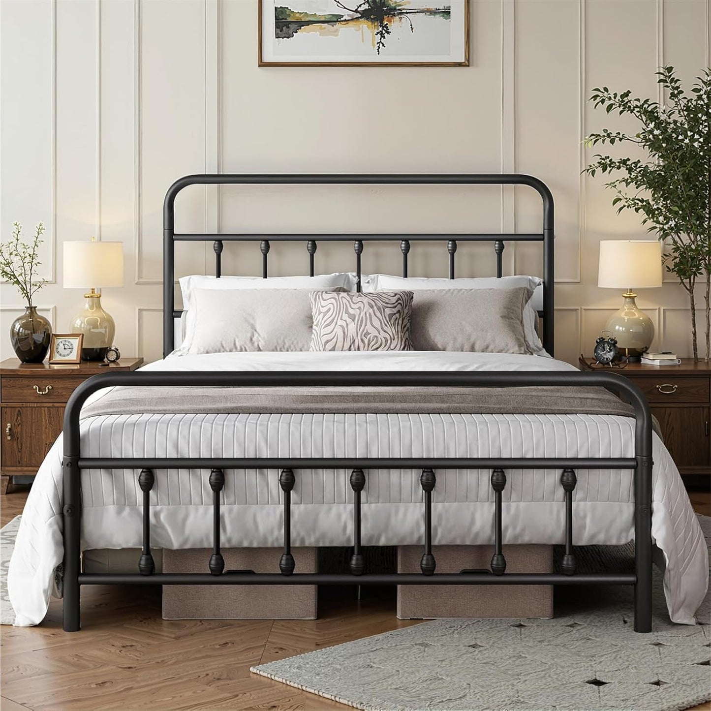 Full Size Bed Frame-Classic Metal Platform Bed Frame Mattress Foundation with Victorian Style Iron-Art Headboard/Footboard/Storage Space/No Box Spring Needed/Black