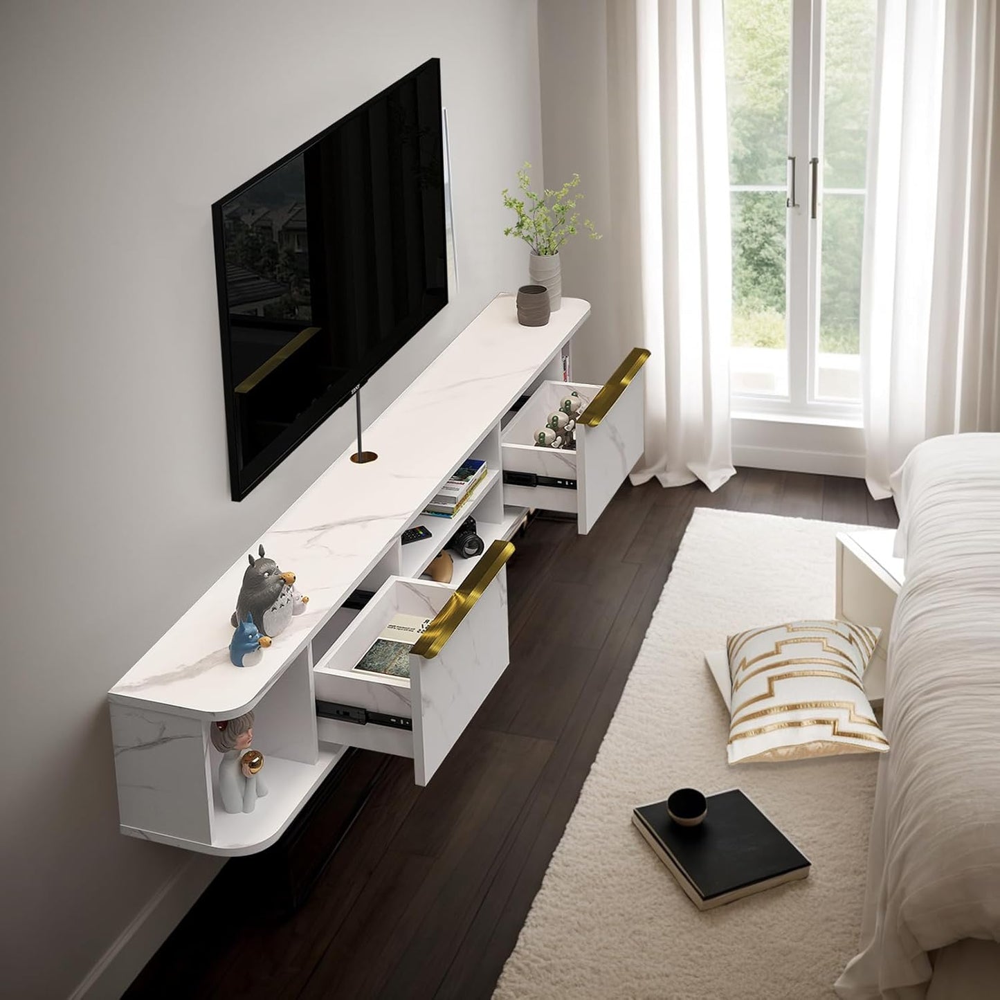Pmnianhua Floating TV Stand with 2 Drawers,70'' Wall Mounted TV Shelf,Floating Shelf Under TV,Floating TV Console with Cabinets for Bedroom Living Room(White)