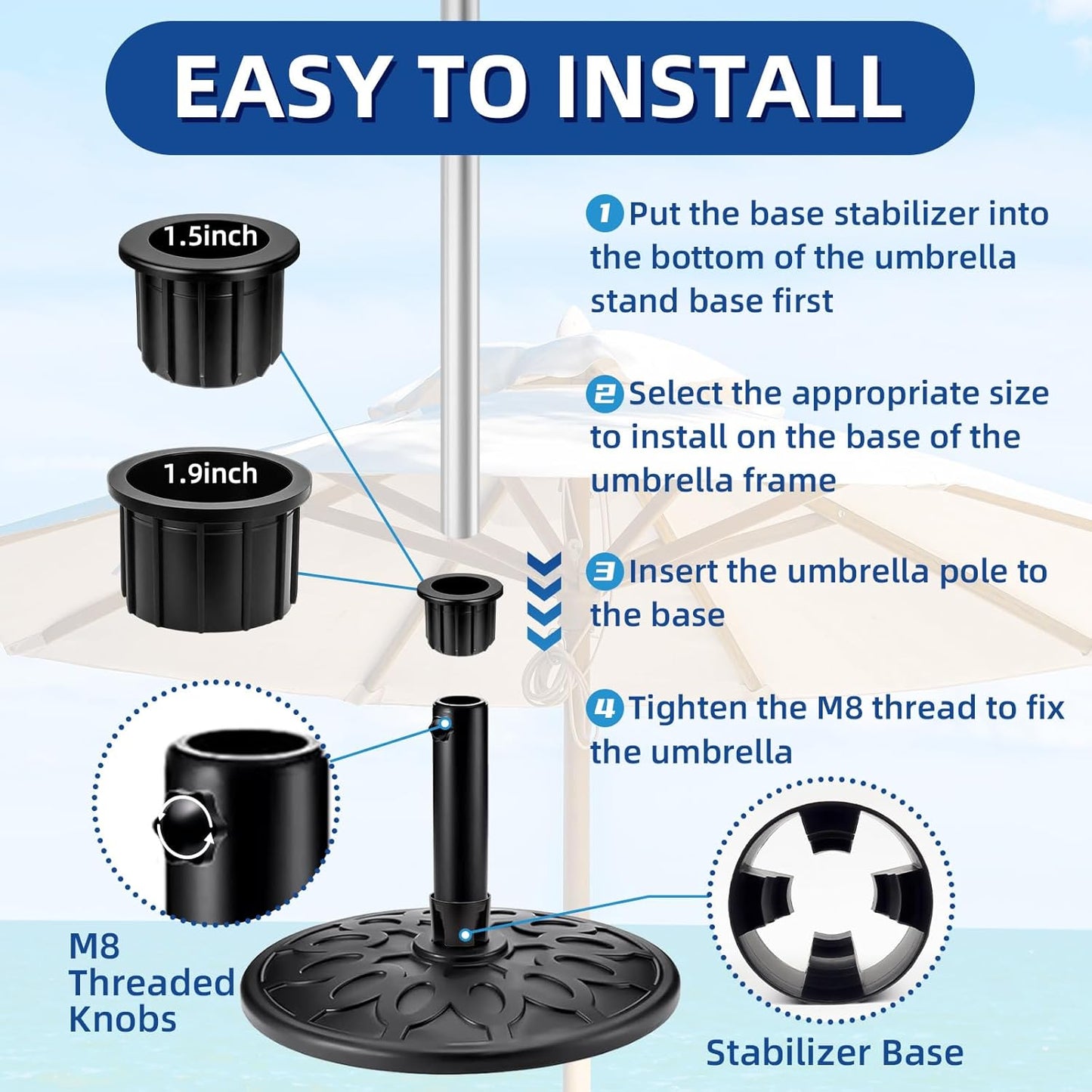 8 Pieces Set Outdoor Patio Umbrella Base Stand Hole Ring Plug Cover and Cap Replacement Parts, Umbrella Stand Base with M8 Thread Replacement Stabilizer Sleeve for Outdoor Patio Spaces, Black