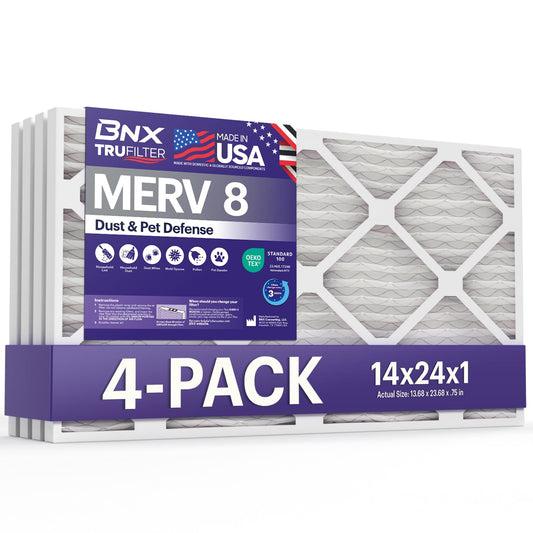 BNX TruFilter 14x24x1 Air Filter MERV 8 (4-Pack) - MADE IN USA - Dust & Pet Defense Air Conditioner HVAC AC Furnace Filters for