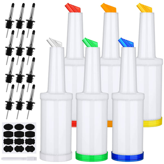 Ruisita 6 Pack Plastic Pour Bottles with Stainless Steel Pourer - Tapered Spout for Liquor and Juice Store (34 Ounces, Multicolor)