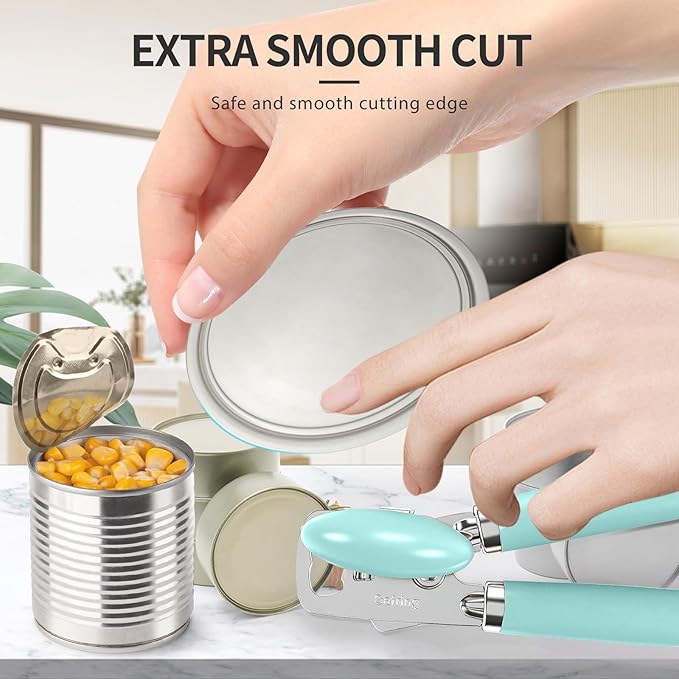 Can Opener Manual, Heavy Duty Stainless Steel Smooth Edge Can Opener With Soft Touch Handle, Oversized Handheld Easy Turn Knob, Multi-Function Bottle Opener, Aqua Sky