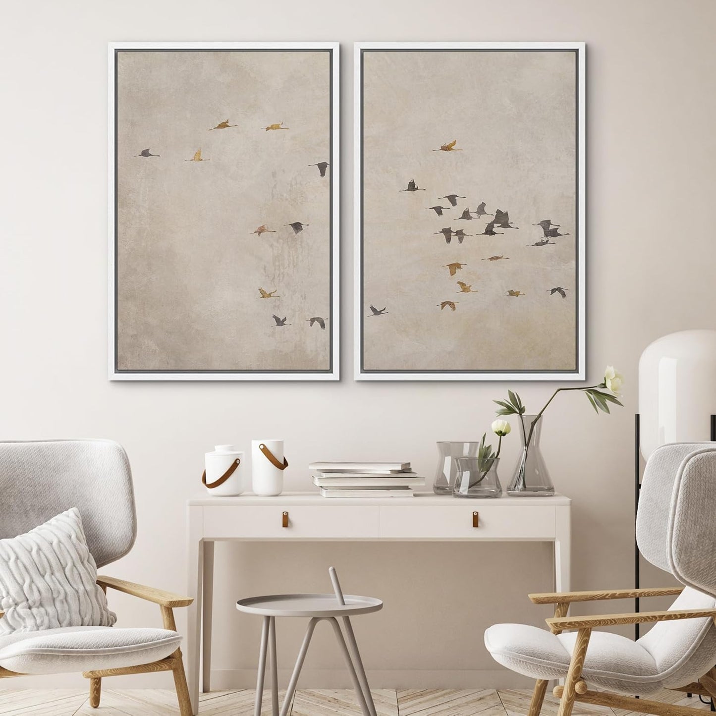 SIGNWIN Framed Canvas Print Wall Art Set Flying Birds Silhouette Minimalist Beige Illustrations Modern Minimal Decorative for Living Room, Bedroom, Office - 16"x24"x2 White