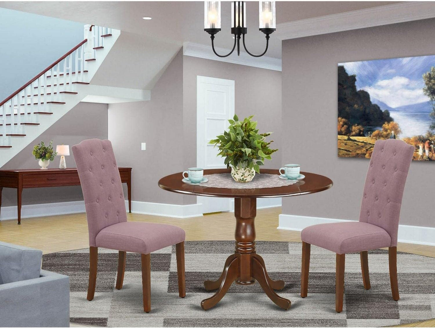 East West Furniture DLCE3-MAH-10 3 Piece Dinette Set for Small Spaces Contains a Round Dining Table with Dropleaf and 2 Dahlia Linen Fabric Parsons Dining Chairs, 42x42 Inch, Mahogany