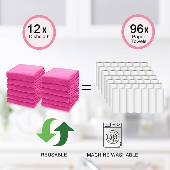 kimteny 13x28 Inches Kitchen Cloth Dish Towels, 400 GSM Premium Dishcloths, Super Absorbent Coral Velvet Microfiber Cleaning Cloths, Fast Drying Rags for Washing Dishes (12 Pack, Rose Red)
