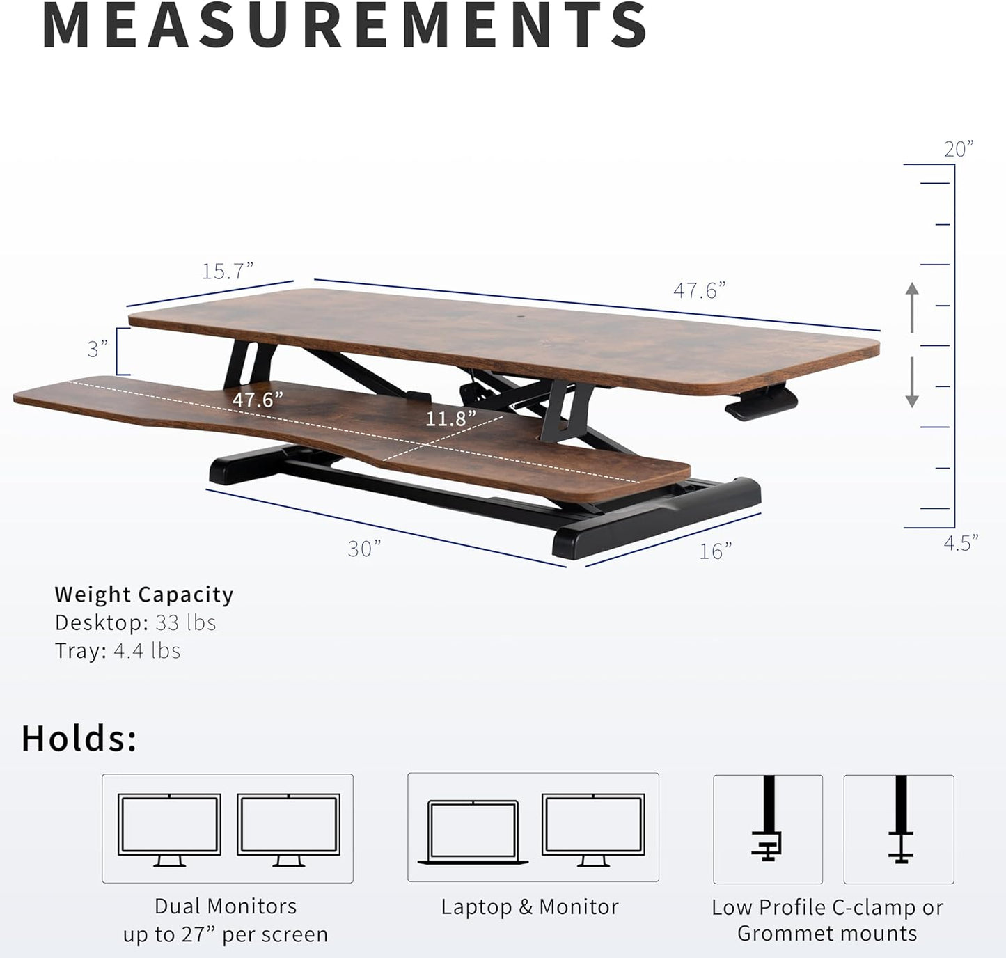 VIVO 48 inch Desk Converter, K Series, Height Adjustable Sit to Stand Riser, Dual Monitor and Laptop Workstation with Wide Keyboard Tray, Rustic Vintage Brown Top, Black Frame, DESK-V048KN