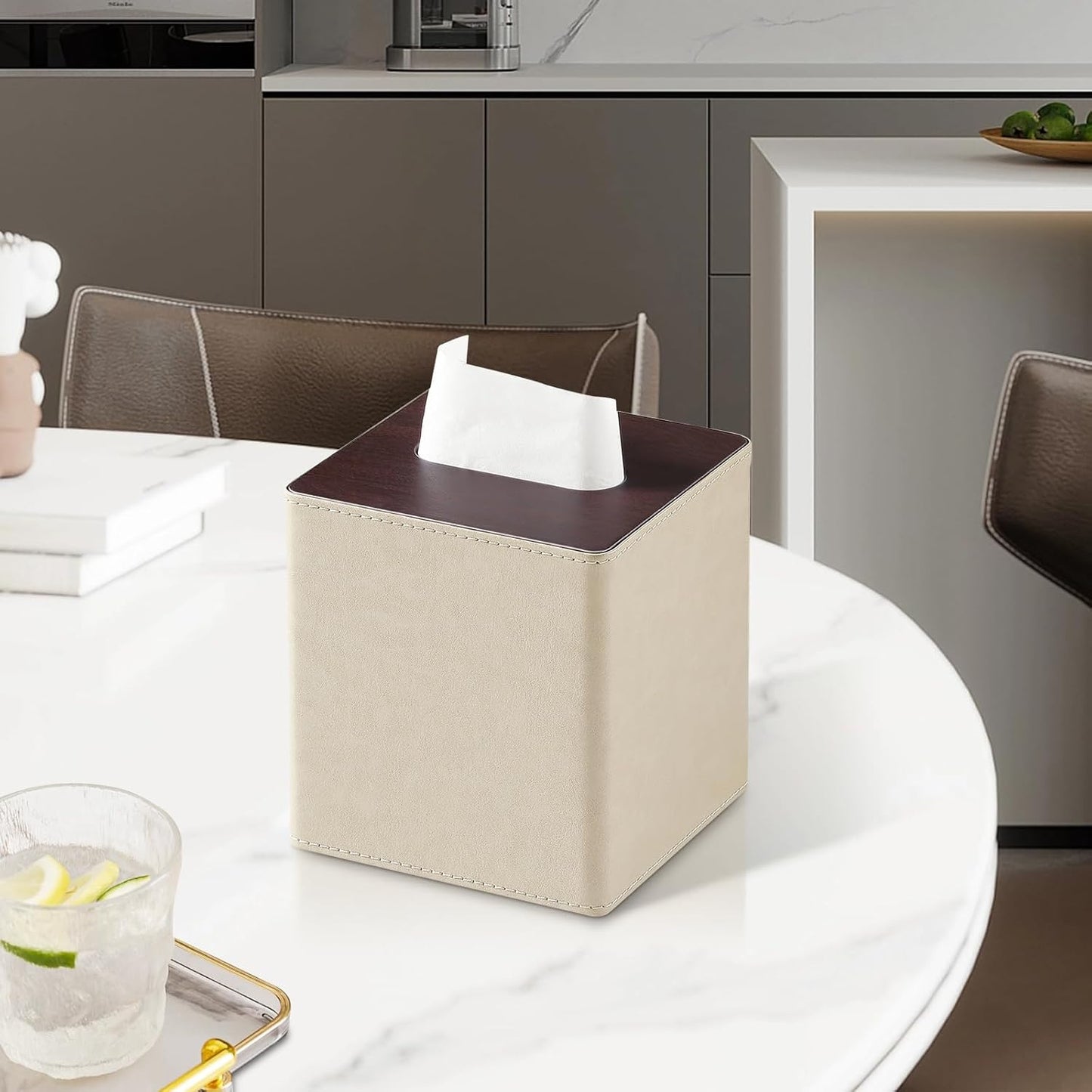 PU Leather Tissue Box Cover Square Tissue Box Holder with Magnetic Closure (Beige)