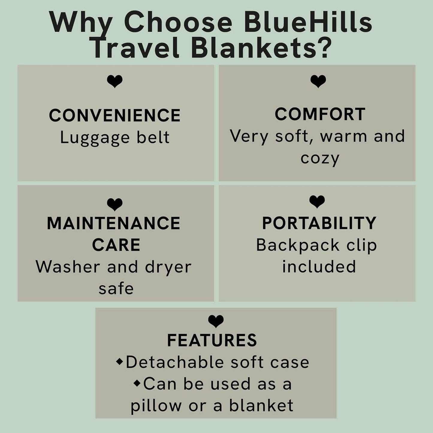 BlueHills 2-Pack Premium Soft Travel Blanket Pillow Airplane Blanket in Soft Bag Pillowcase with Hand Luggage Belt and Backpack Clip, Compact Pack Large Blankets for Any Travel (Grey Gray T013)