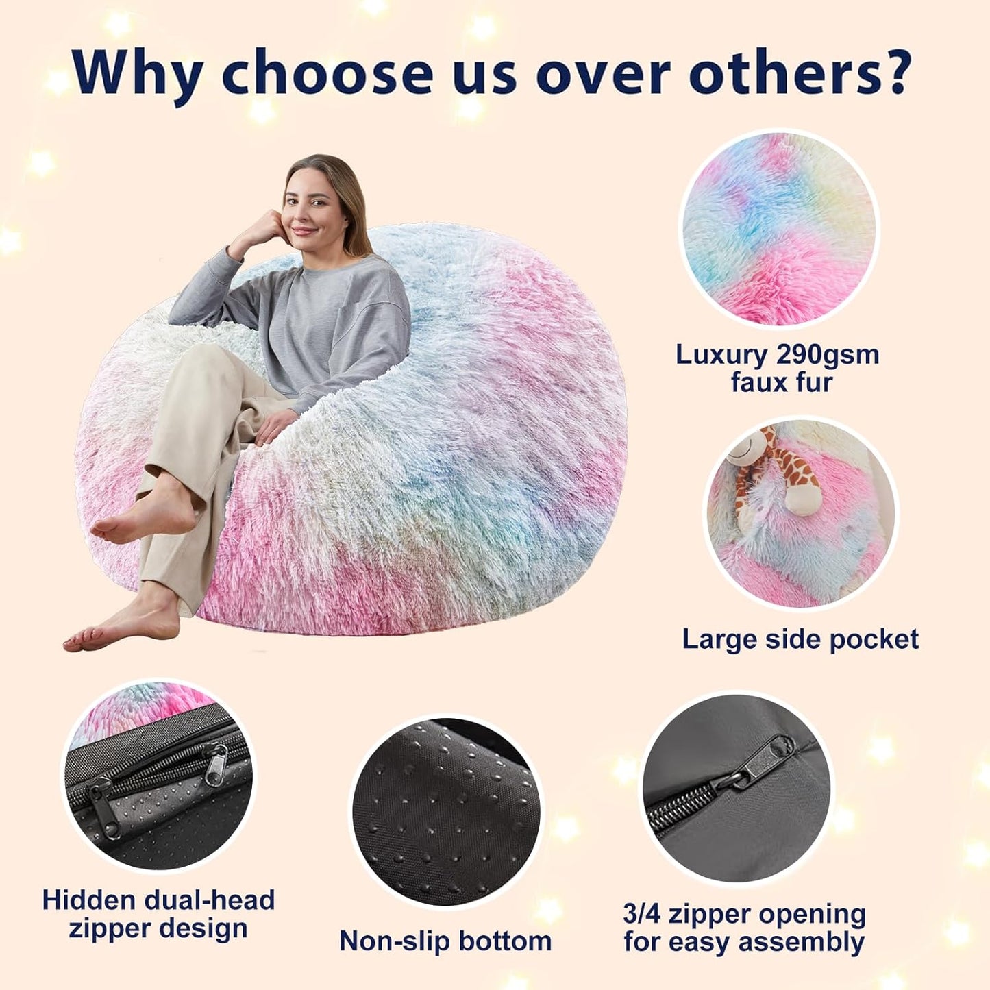 7FT Giant Fur Bean Bag Chair Cover, Ultra Soft Rainbow Bean Bag Chairs for Adults (No Filler, Cover only), Big Round Soft Fluffy Faux Fur Bean Bag Lazy Sofa Bed Cover, Washable Big Size Bean Bag Cover