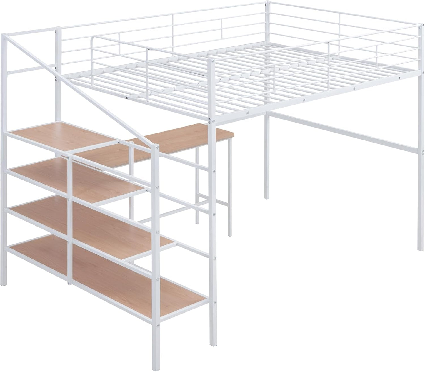 Full Size Metal Loft Bed with Desk and Lateral Storage Ladder,Modern Style Heavy-Duty Metal Frame for Kids Teens Adults Bedroom, Dorm,White