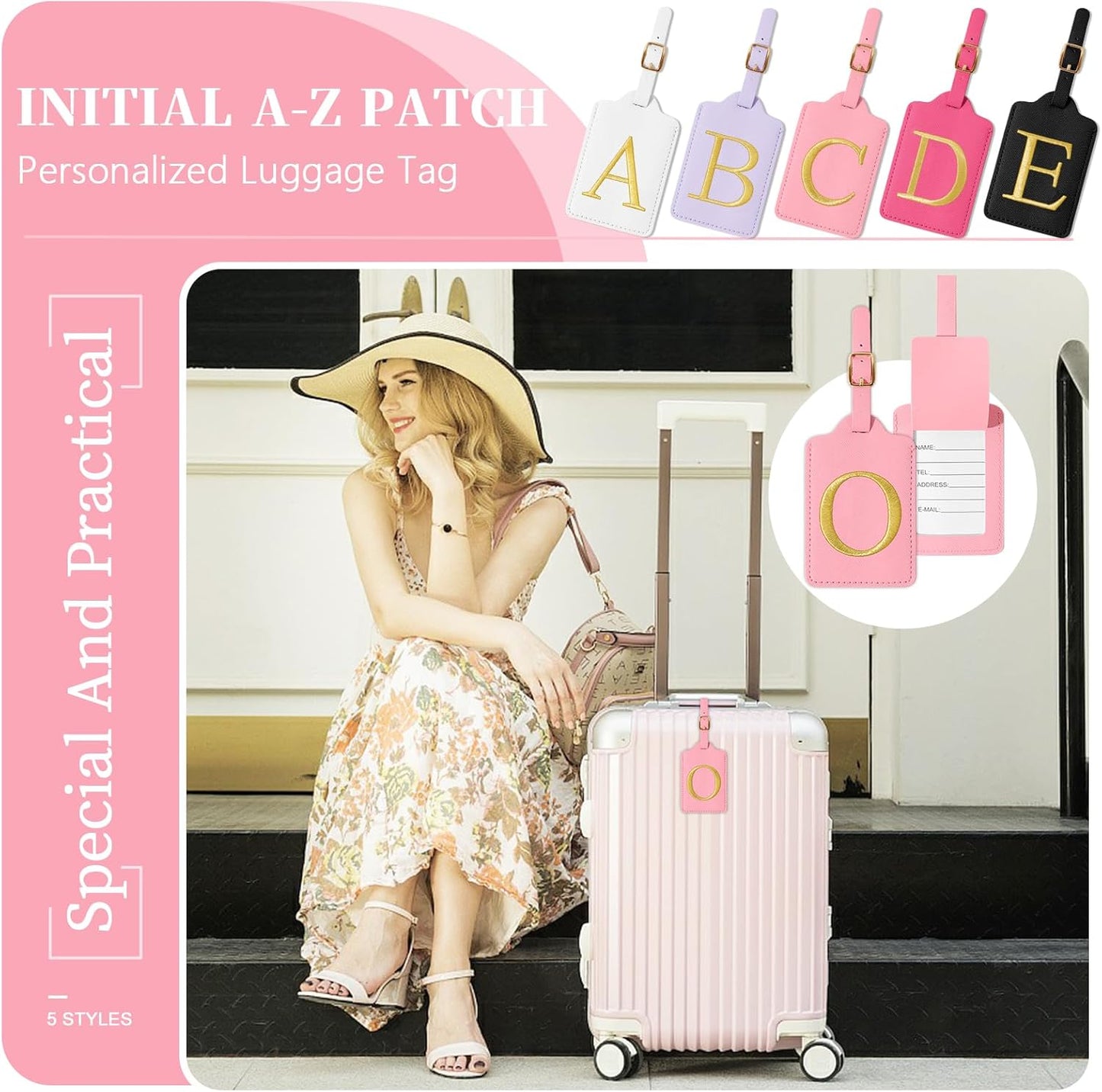Personalized Initial Luggage Tags for Suitcase, Pink Leather Cute Luggage Tags with Privacy Cover Name Card, Embroidered Custom Monogrammed Luggage Tag Travel Bag Baggage Tags Gifts for Women Kids(O)