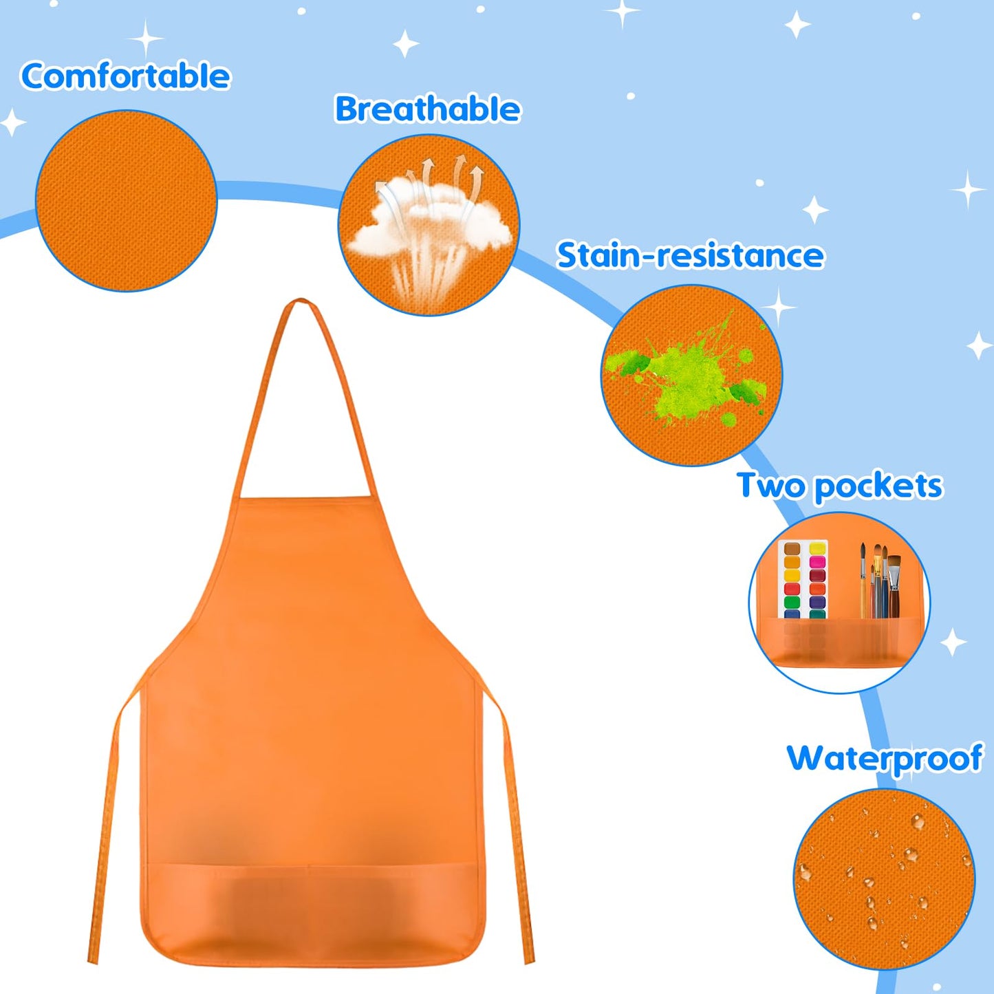 KUUQA 24 Pack Kids Art Apron with Two Pockets Children Painting Aprons for Kids Art Smocks Colorful Bulk for Craft Home Kitchen Classroom Painting Supplies (6 Colors)