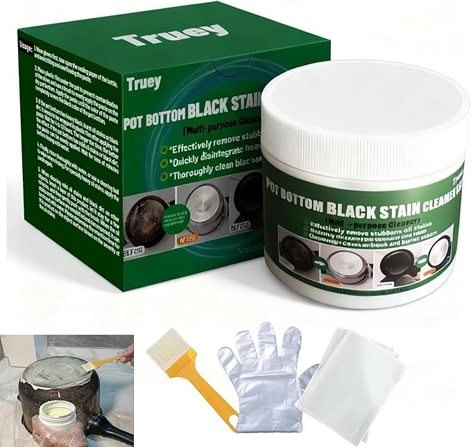 Truey Pot Bottom Black Stain Cleaner Set,Pot and Pan Bottom Cleaning Paste,Powerful Kitchenware Cleaner, Cooktop Pot Cleaner Effortless for Burned Cookware,Multi-purpose Oil Stain Remover (400g)