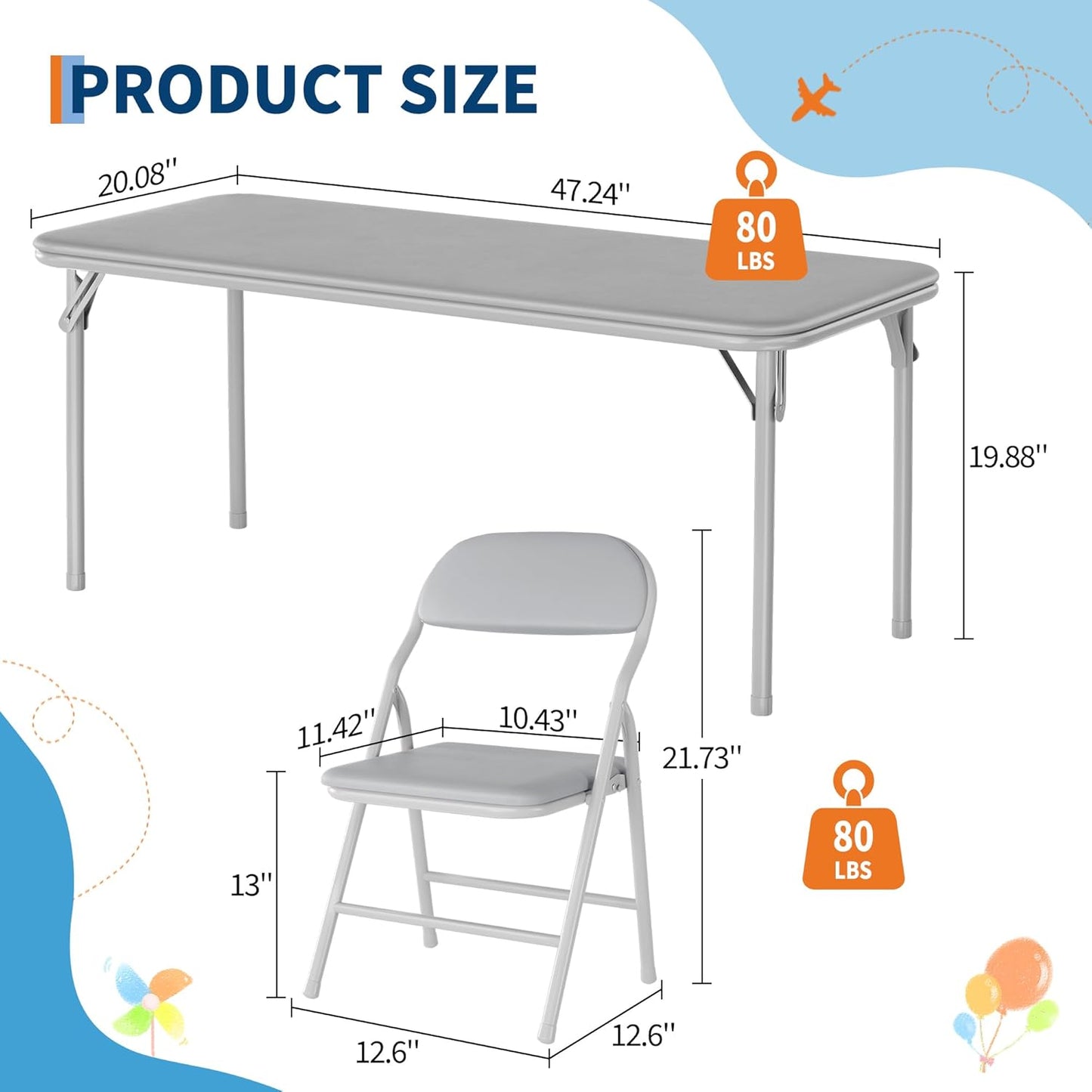 IDEALHOUSE 5 Piece Folding Kids Table and Chairs Set, Children's Activity Table and Chairs Set for Dining Room,Daycare,Classrooms