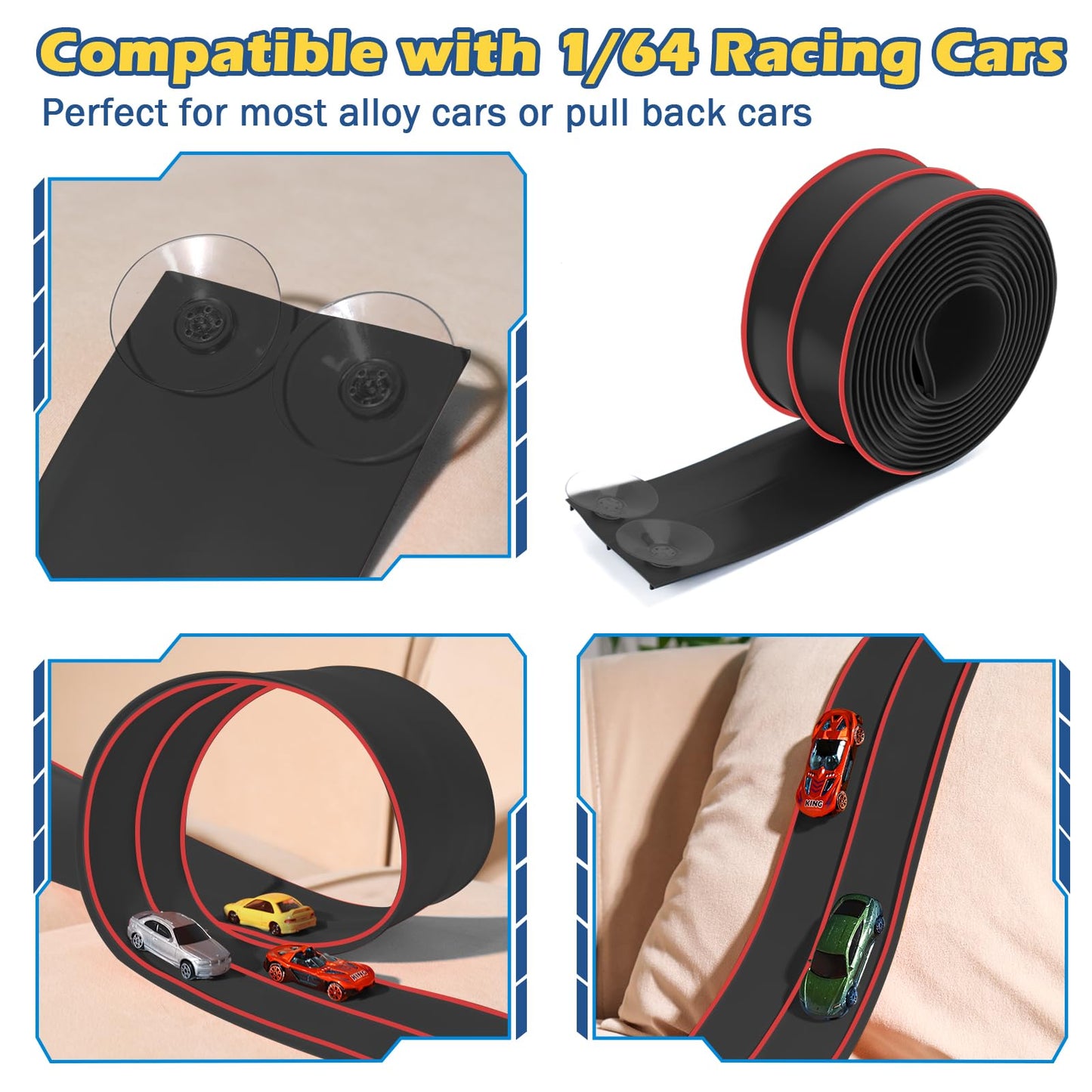 Flexible Race Track for Kids, 15Ft Flexible Car Track Race Car Track Compatible with Hot Wheels and Diecast 1/64th Cars, Flex Tracks Roll Up Race Ramp Toy with Strong Suction Cups