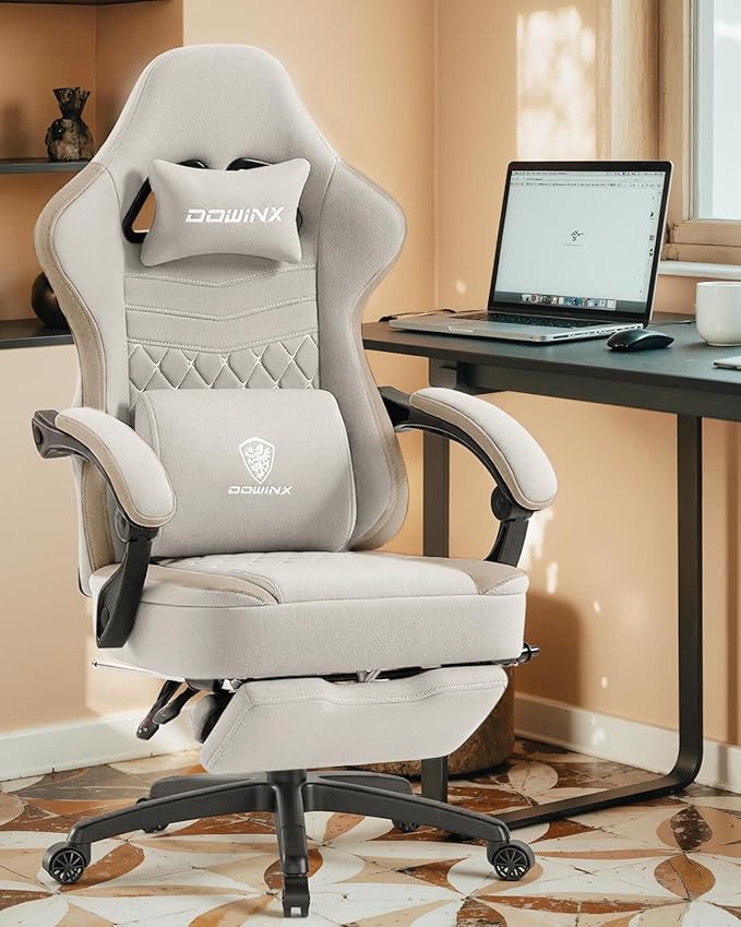 Dowinx Gaming Chair with Footrest, Breathable Fabric Gamer Chair with Gel Pad and Storage Bag, Ergonomic Office Chair with Lumbar Support for Home Task, Beige