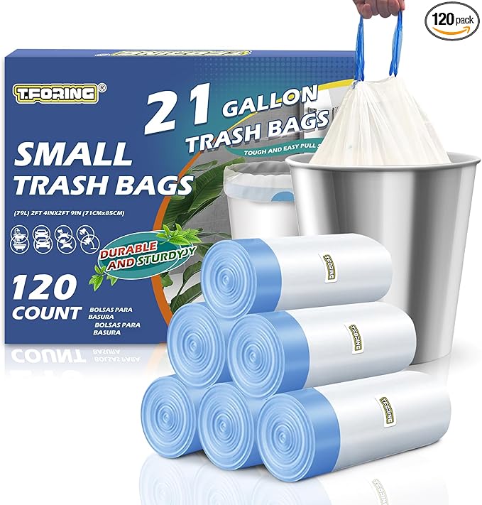 21 Gallon Trash Bags Drawstring 120 Count, 1.7 Mil White Garbage Bags Unscented,Easy-Dispense Roll for Kitchen & Household Use, Code G,79.5 L