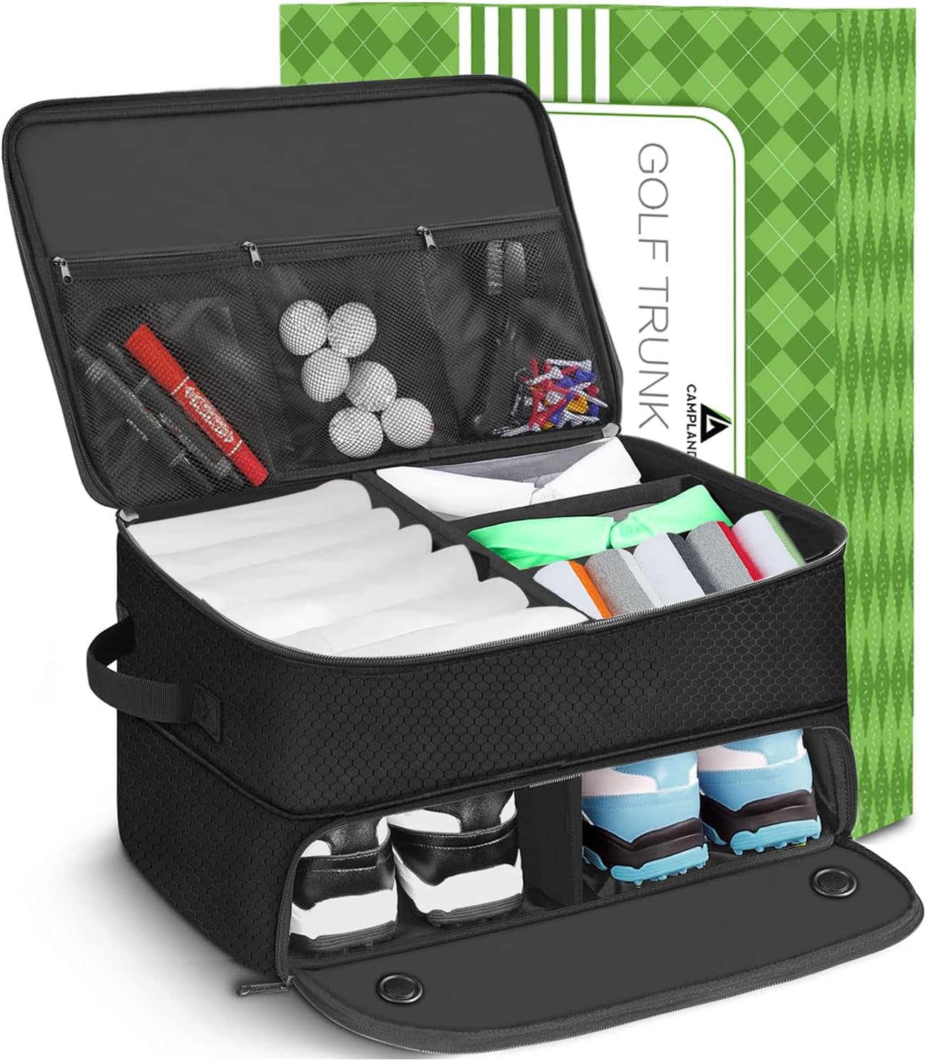CAMPLAND 2 Layer Trunk Organizer, Waterproof Car Locker for 2 Pair Shoes, Durable Trunk Storage for Balls, Tees, Clothes, Gloves, Accessories, Golf Gifts