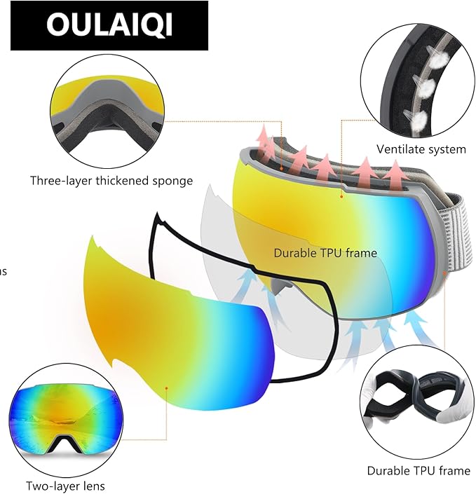 OULAIQI OTG Ski Goggles UV400 Anti-Fog Snowboard Glasses for Men Women Youth- Perfect for Skiing, Snowboarding,Winter Sports