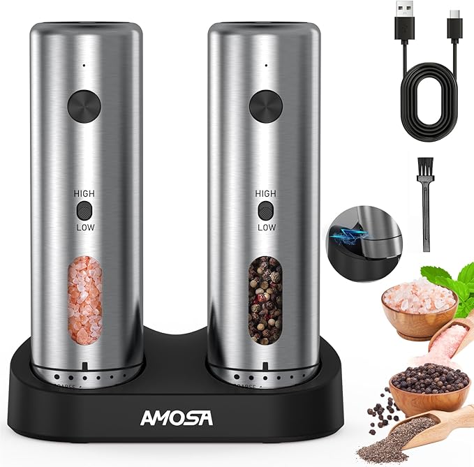 Electric Salt and Pepper Grinder Set, Upgraded 2-Speed Setting, External 6 Adjustable Coarseness, USB C Dual Rechargeable Base, All Stainless Steel Automatic Salt & Pepper Mill Shakers with LED Light