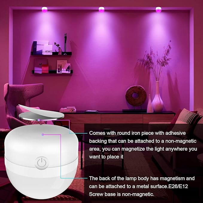 2Packs E26 Rechargeable Light Bulbs with Remote, 6W 450lm Battery Operated Magnetic Light Bulbs 2500mAh, 15 RGB Color, Timer, Dimmer for Non-Hardwired Lamp