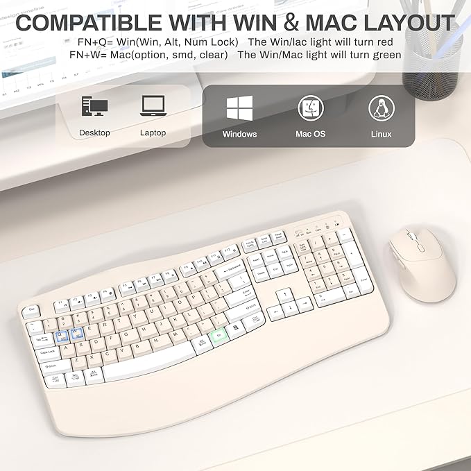 Ergonomic Wireless Keyboard and Mouse Combo, Wave Keys Keyboard with Wrist Rest for Natural Typing, 3 DPI Adjustable Ergonomic Silent Mouse for Computer/Laptop/Windows/Mac (Latte Color-A)