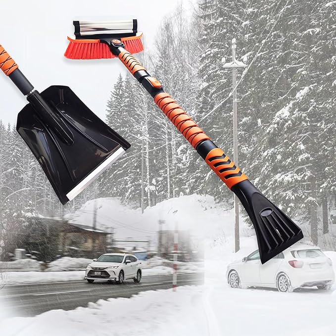 45'' Extendable Ice Brush and Ice Scraper 40'' Car Snow Shovel Snow Removal Tools 5 in 1 Foam Grip Snow Brush with Squeegee 180° Pivoting Brush Head for Cars Windshield,Vehicle,Trucks,SUVs