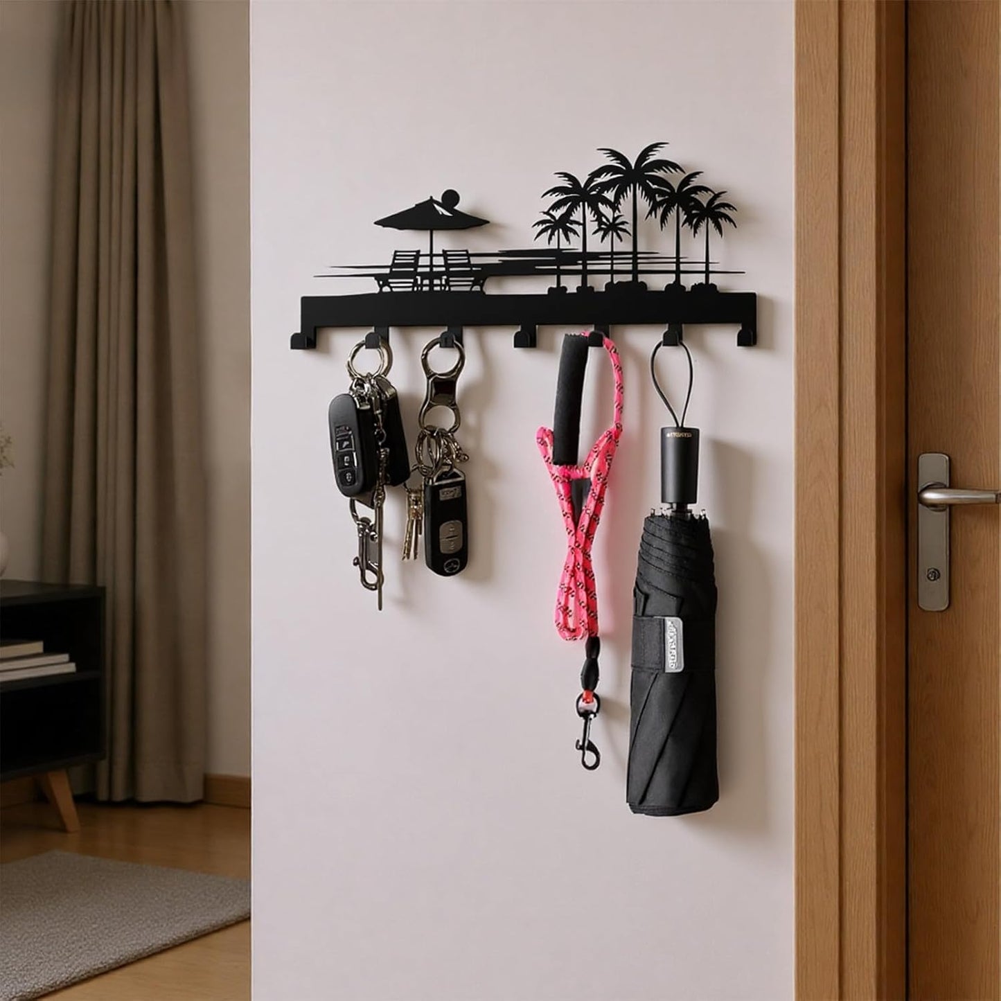 Bench Key Holder for Wall,Setting Sun and Coconut Trees Key Hooks Wall Mount Whith 7 Hooks,Tropical Style Key Hanger Wall Decor for Front Door,Hallway,Entryway,Office