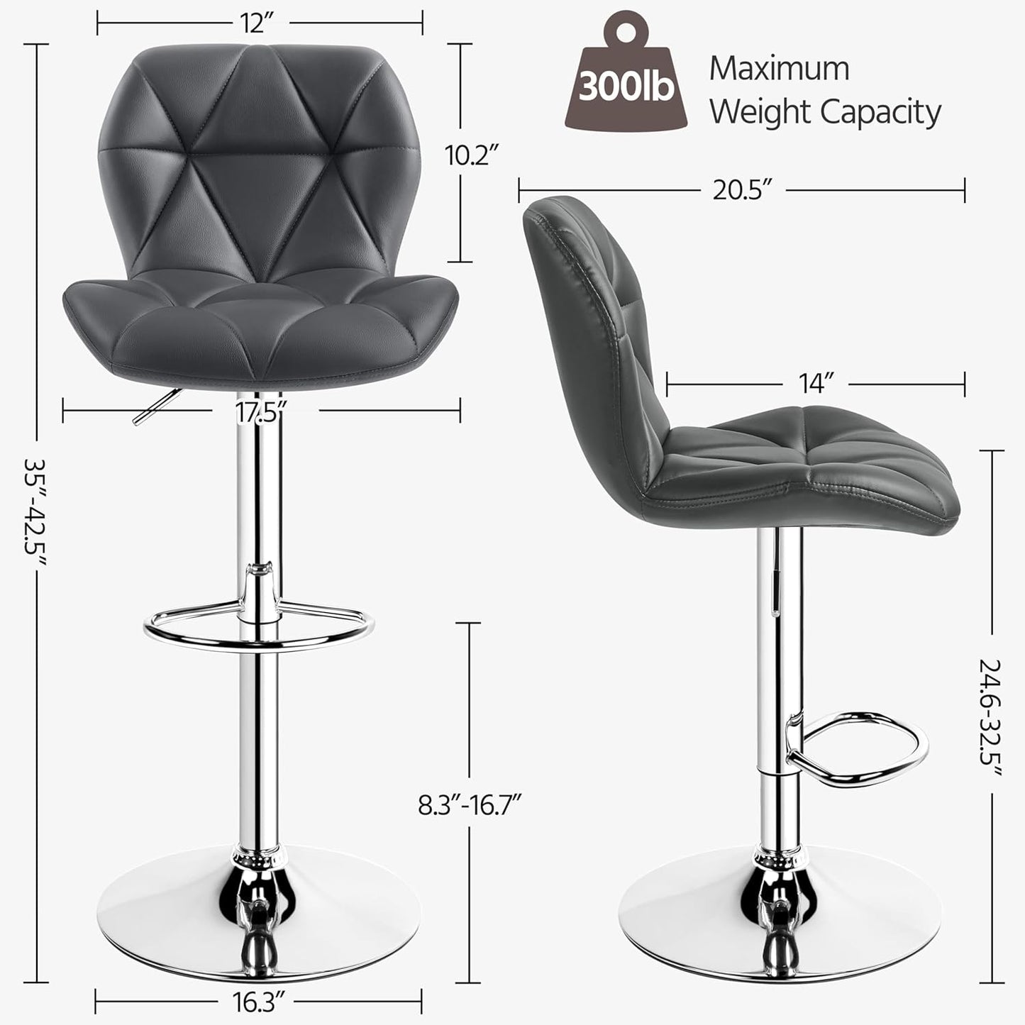 Yaheetech Bar Stools Set of 4, Adjustable PU Leather Swivel Barstools, Modern Counter Stools with Back and Footrest, Counter Height Barstools for Bar, Kitchen, Dining Room, Grey