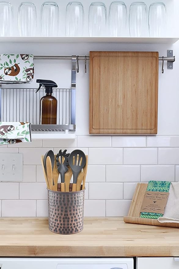 Monarch Abode Kitchen Utensil Holder – Hand Hammered Metal Antique Copper Utensil Holder, Decorative Utensil Crock for Kitchen Counter, Cooking Tool and Spatula Holder for Countertop, Caddy Organizer