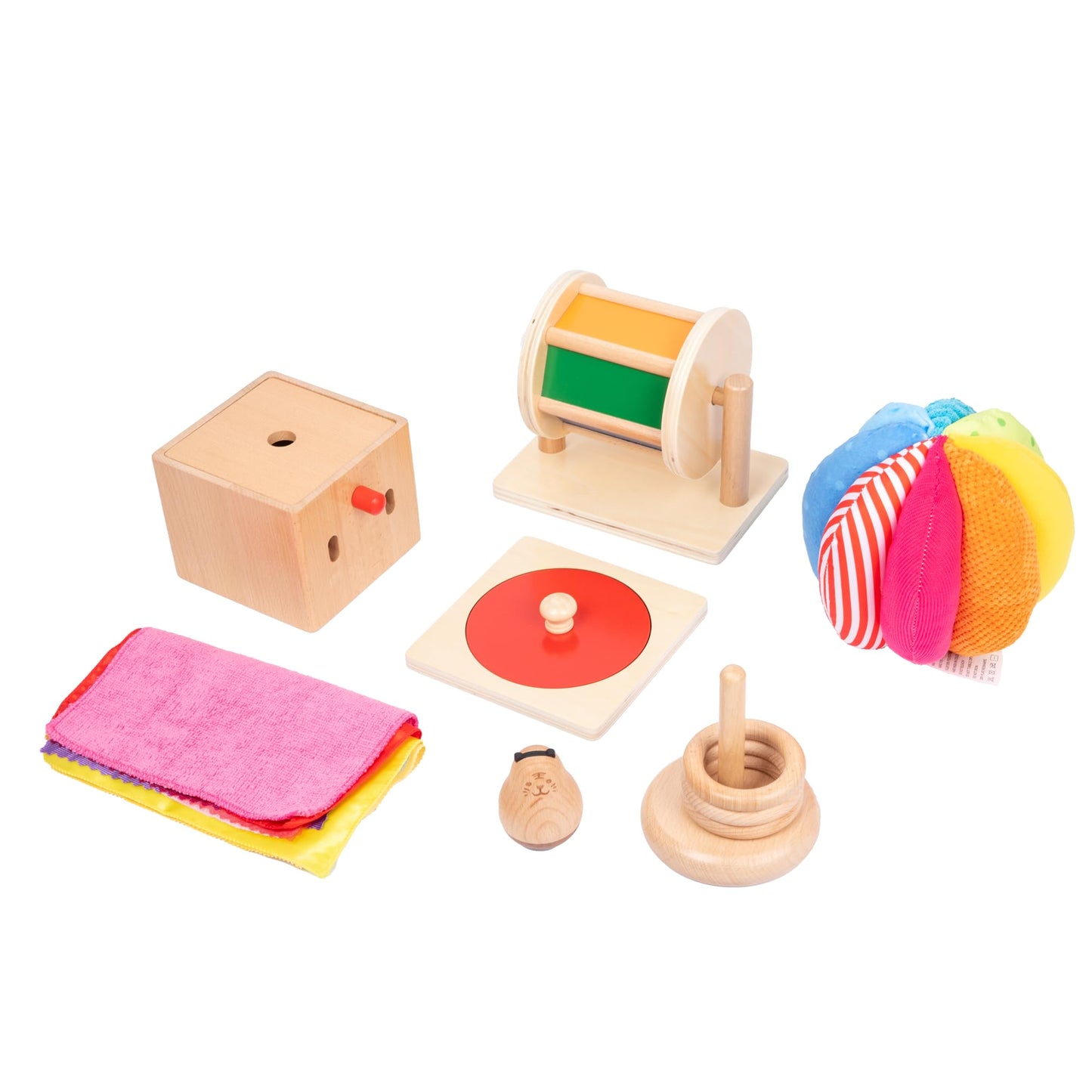 Adena Montessori Play Kit for 5-6 Months Baby,8 in 1 Learning Educational Toys for Toddler,Include Rainbow Spining Drum,Mirror Puzzle,Baby Tissue Box and More,Christmas Birthday Gift for Boys Girl