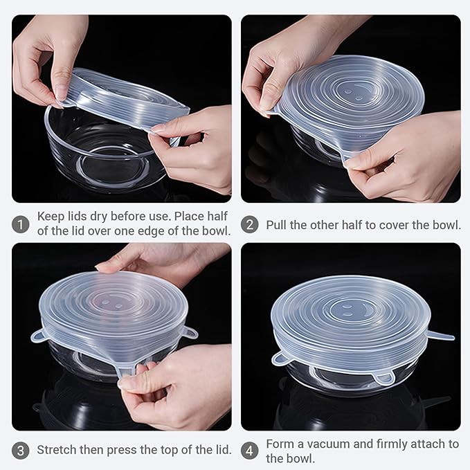 4 Pack 4.5in Reusable Silicone Stretch Lids, Silicone Bowl Covers for Food Storage, Universal Stretchable Lids for Containers Produce, Elastic Expandable Seal Cover, Microwave Freezer Safe