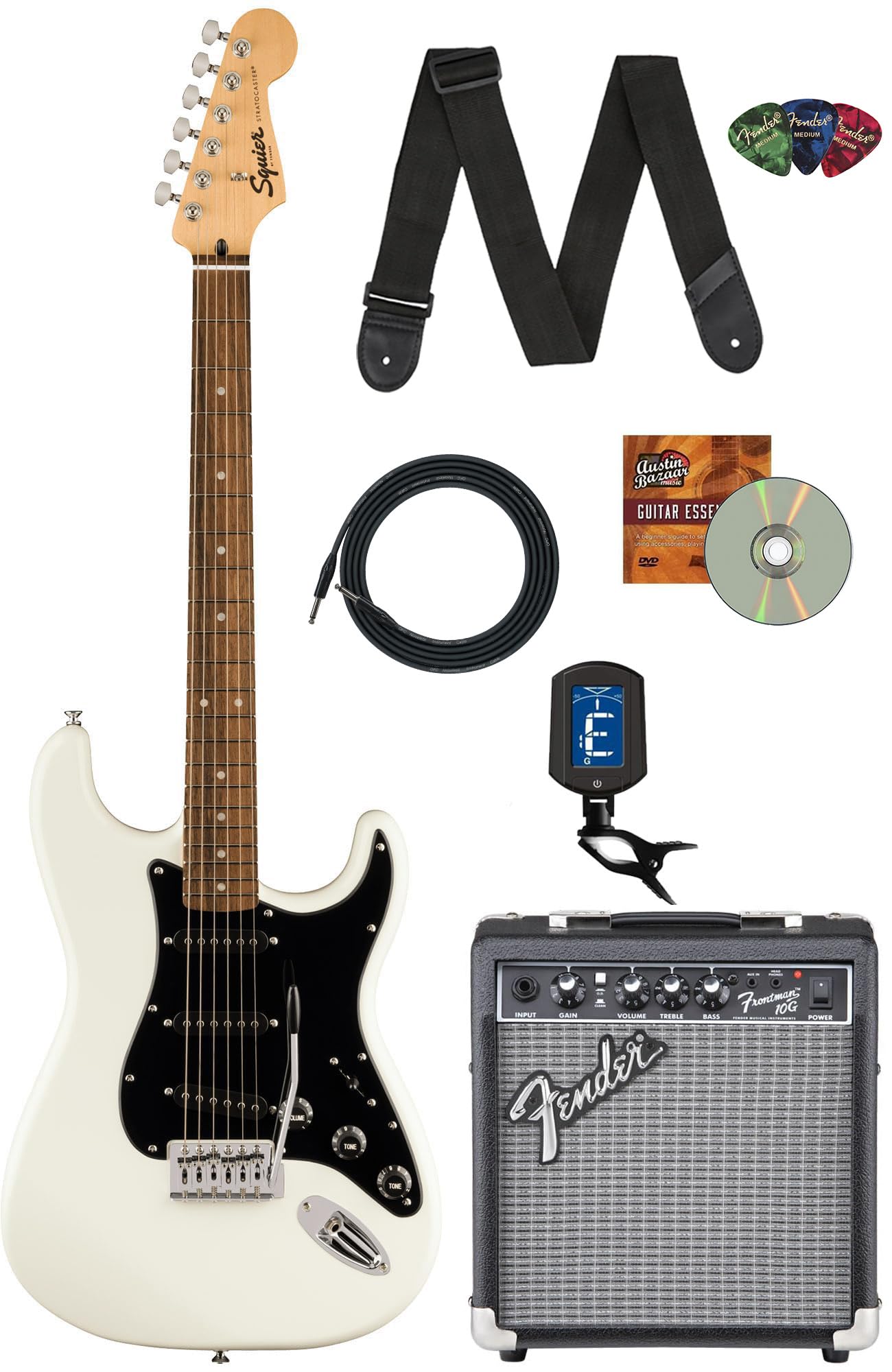 Fender Squier Sonic Stratocaster - Arctic White Bundle with Amp, Cable, Tuner, Strap, Picks, and Austin Bazaar Guitar DVD