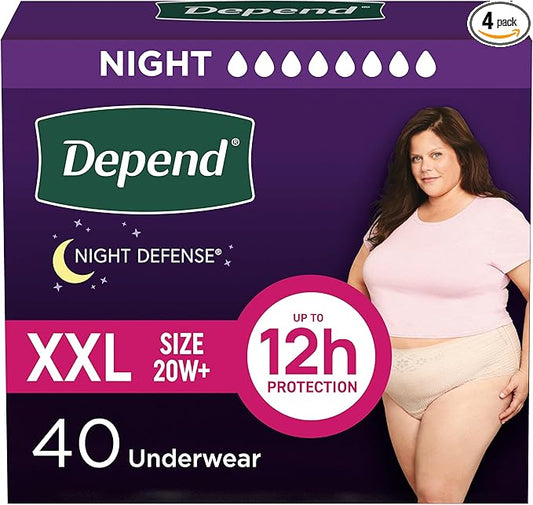 Depend Night Defense Adult Diapers, Incontinence & Postpartum Bladder Leak Underwear for Women, Disposable, Overnight, Extra-Extra-Large, Blush, 40 Count (4 Packs of 10), Packaging May Vary