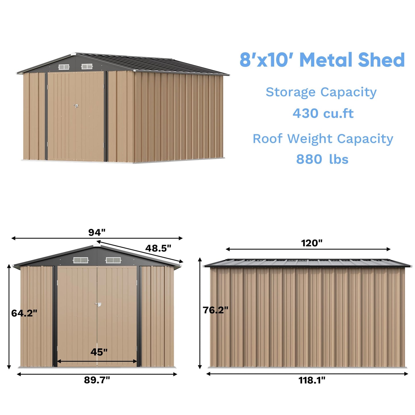 Greesum 8x10FT Outdoor Storage Shed, Metal Storaged Sheds with Lockable Doors, Sheds & Outdoor Storage for Bike, Backyard, Pool and Garden, Brown