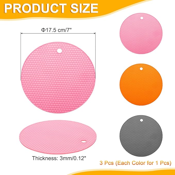 uxcell 3pcs Silicone Jar Opener Pads, 17.5cm/7" Texture Can Opener Multipurpose Round Bottle Lid Opener Non-Slip Coasters for Weak Hands Seniors Children, Pink, Orange, Gray