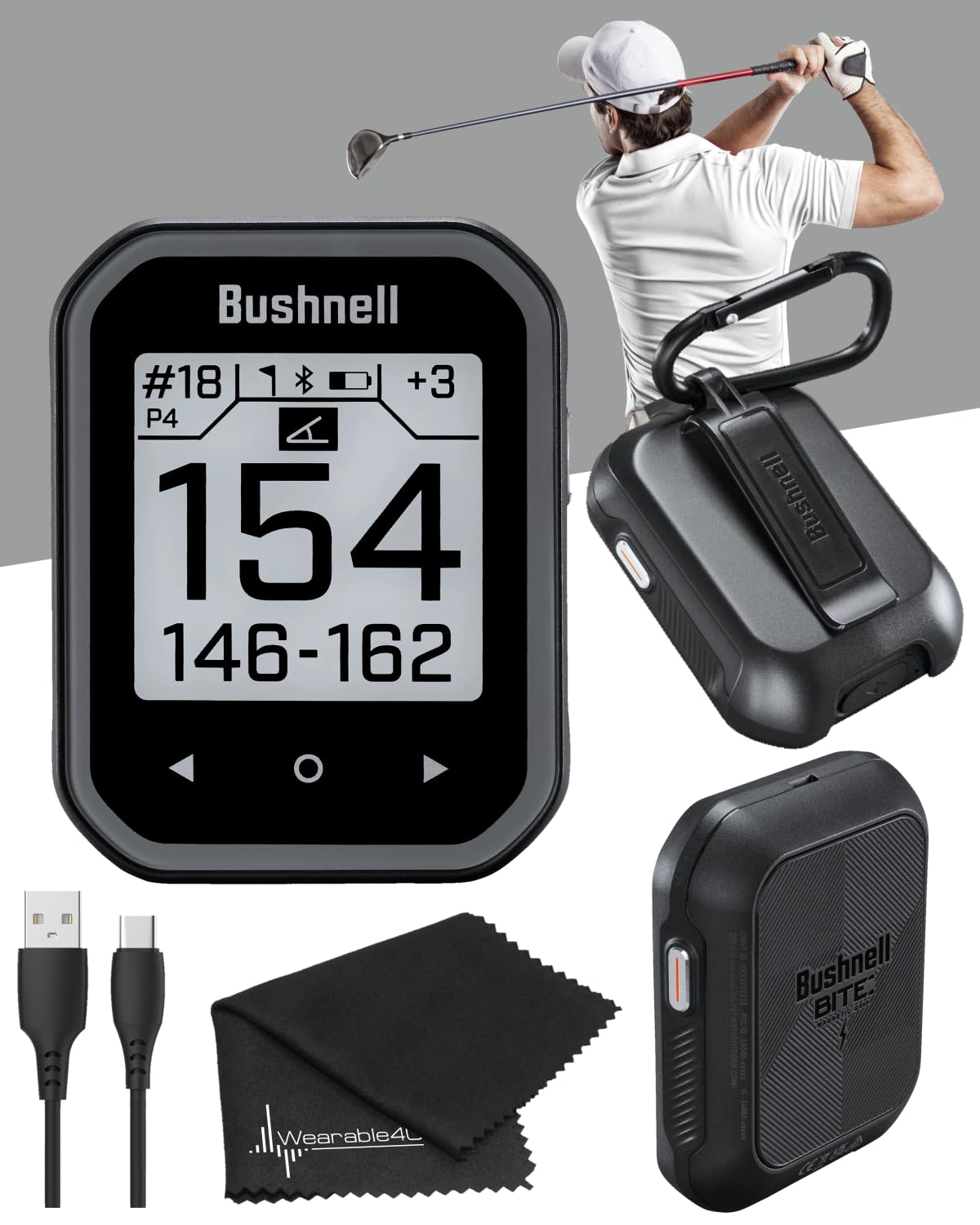 Wearable4U - Bushnell Phantom 3 Gps Rangefinder Black With Bite Magnetic Mount And Greenview With Lens Cleaning Cloth Bundle