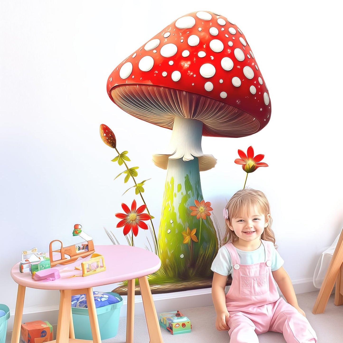 Cute Red Mushroom Wall Decals with Flowers and Grass, Peel and Stick Wall Stickers for Kids Room Nursery Baby Bedroom Playroom, Whimsical Forest Themed Wall Art Decor for Toddler Boys Girls