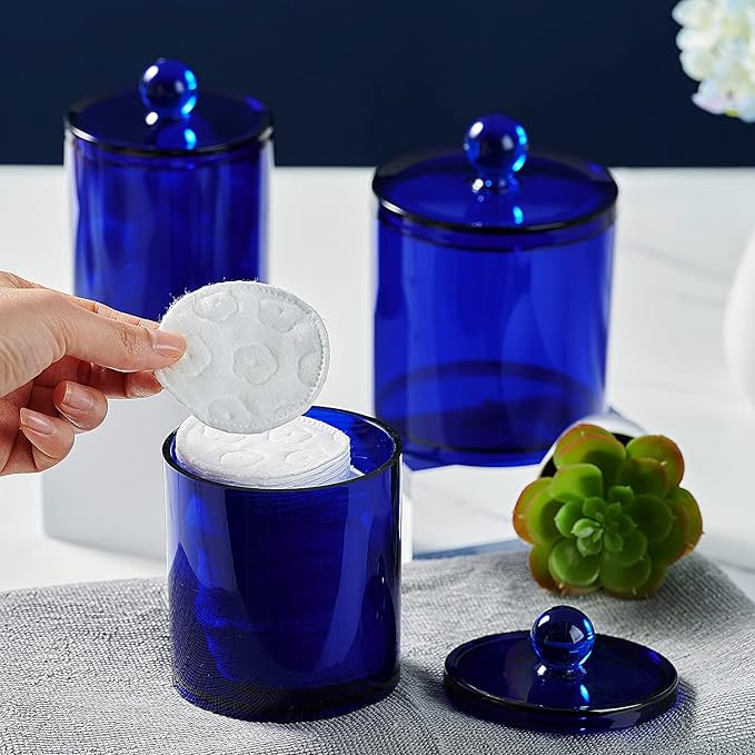 SheeChung 6 Pack Qtip Dispenser Apothecary Jars Bathroom with Labels - Qtip Holder Storage Canister Clear Plastic Acrylic Jar for Cotton Ball,Cotton Swab,Cotton Rounds,Floss Picks, Hair Clips (Blue)