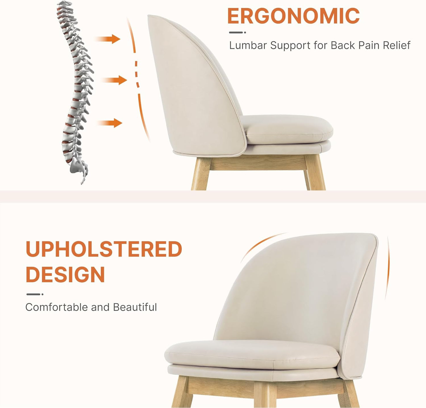 Wooden Dining Chairs Set of 4, Faux Leather Upholstered Modern Dining Room Chairs with Double-Layer Thick Seat Cushion & Ergonomic Backrest for Restaurant, Kitchen and Café, Beige, 2 Boxs