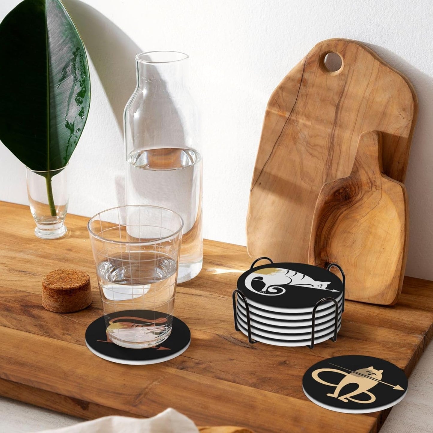 Funny Cat Absorbent Drink Coasters with Holder, Set of 6 Ceramic Coasters with Cork Base for Table Decor