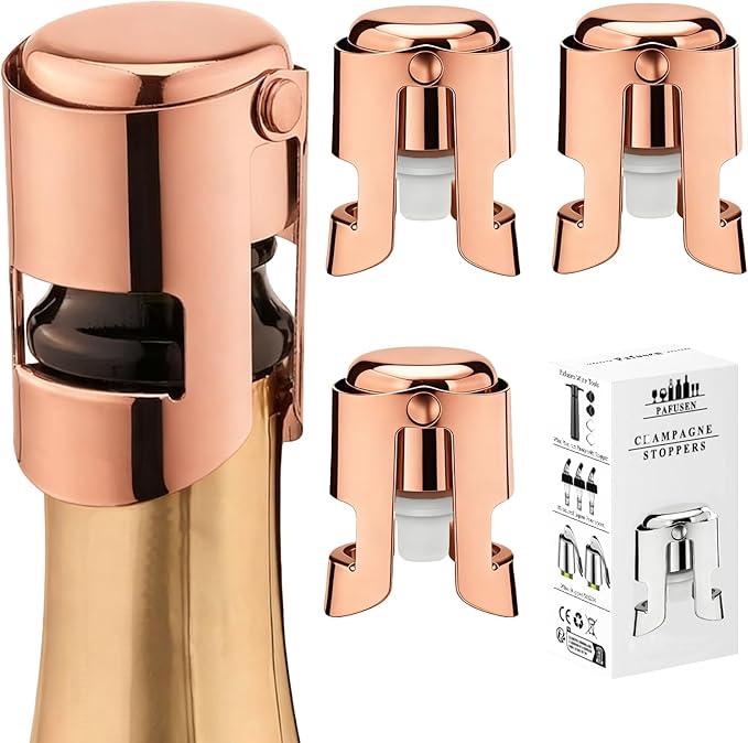 Champagne Stoppers for Bottles, Pafusen Champagne Sealer Stopper, Stainless Steel Champagne Cork Stopper Toppers, Saver for Champagne Cava Prosecco Sparkling Wine (Champagne -3-Pack-Rose Gold)