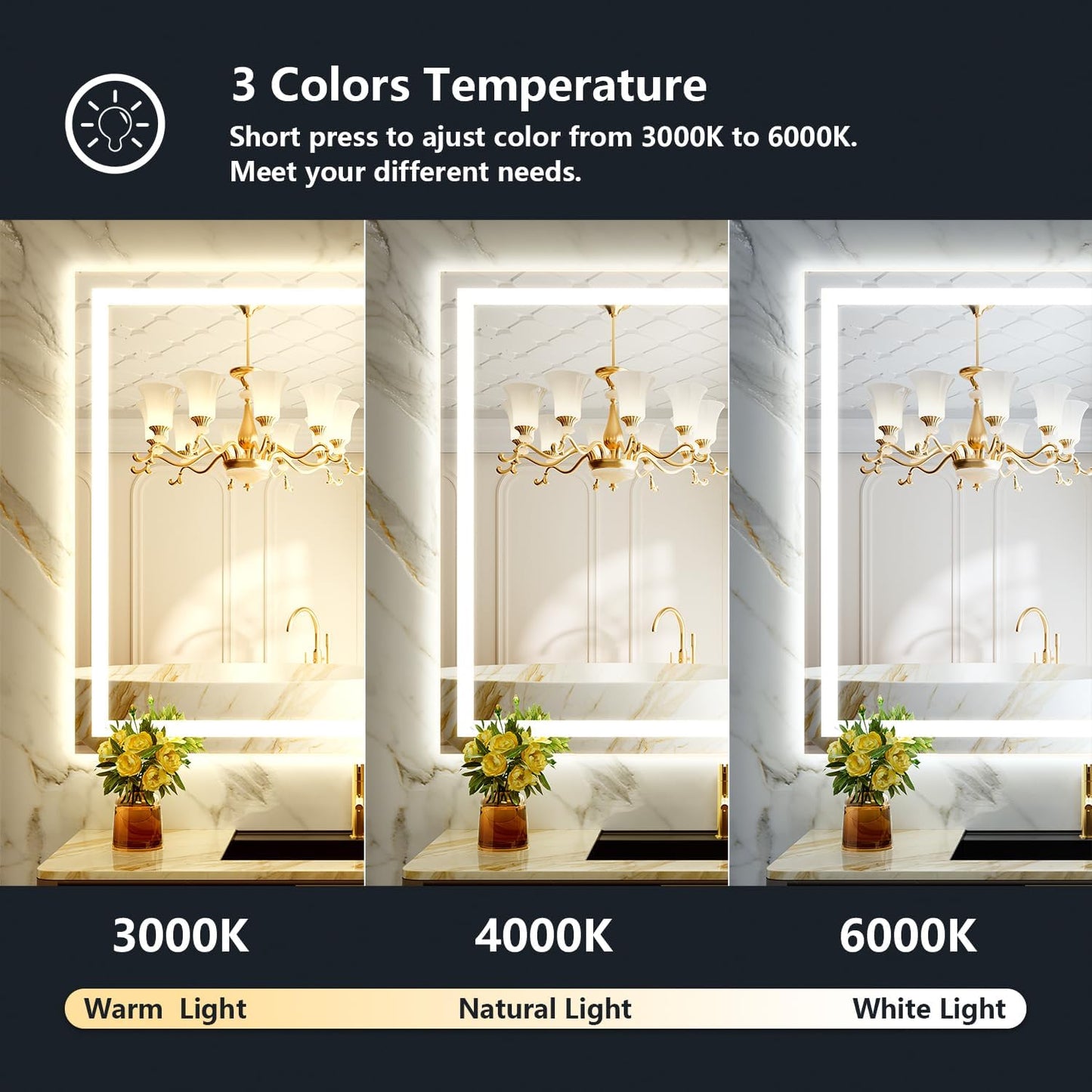 44x30 Inch LED Bathroom Mirror with Lights Front and Backlit Lighted Vanity Mirror for Bathroom Wall with 3 Colors Dimmable Anti-Fog Memory Shatter-Proof IP54 Waterproof Horizontal/Vertical