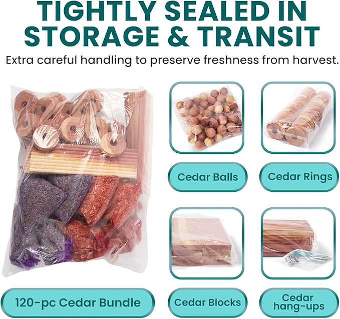120 Variety Pack - Lavender and Cedar for Closets - Moth Balls Alternative for Clothes Storage - Closet Protection Scent Bags - Natural Freshner Hanger Rings - Scented Air Freshener for Closets