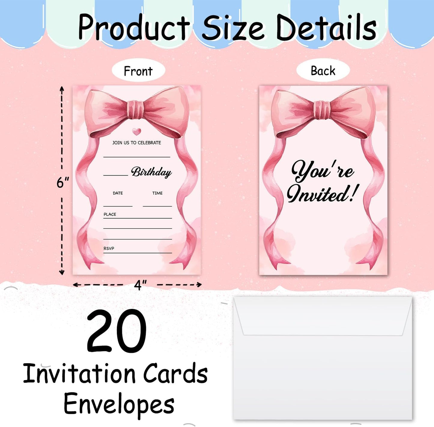 Pink Bow Birthday Invitations, Cute Bow Party Invitations, 20 Double-Sided Fill In Invitation with Envelopes for Girls Women, Birthday Party Decorations Favor