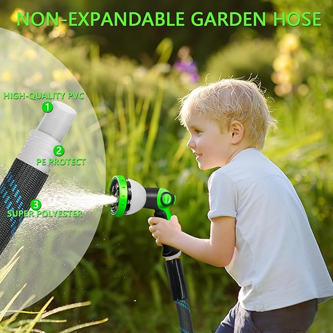 Garden Hose 50 FT, NON-EXPANDABLE Heavy-Duty Flexible & Lightweight Water Hose with 10-Function Nozzle, No-Kink Design, Leak-Proof Super Fabric, Solid Fittings for Lawn, Car, RV, Outdoor
