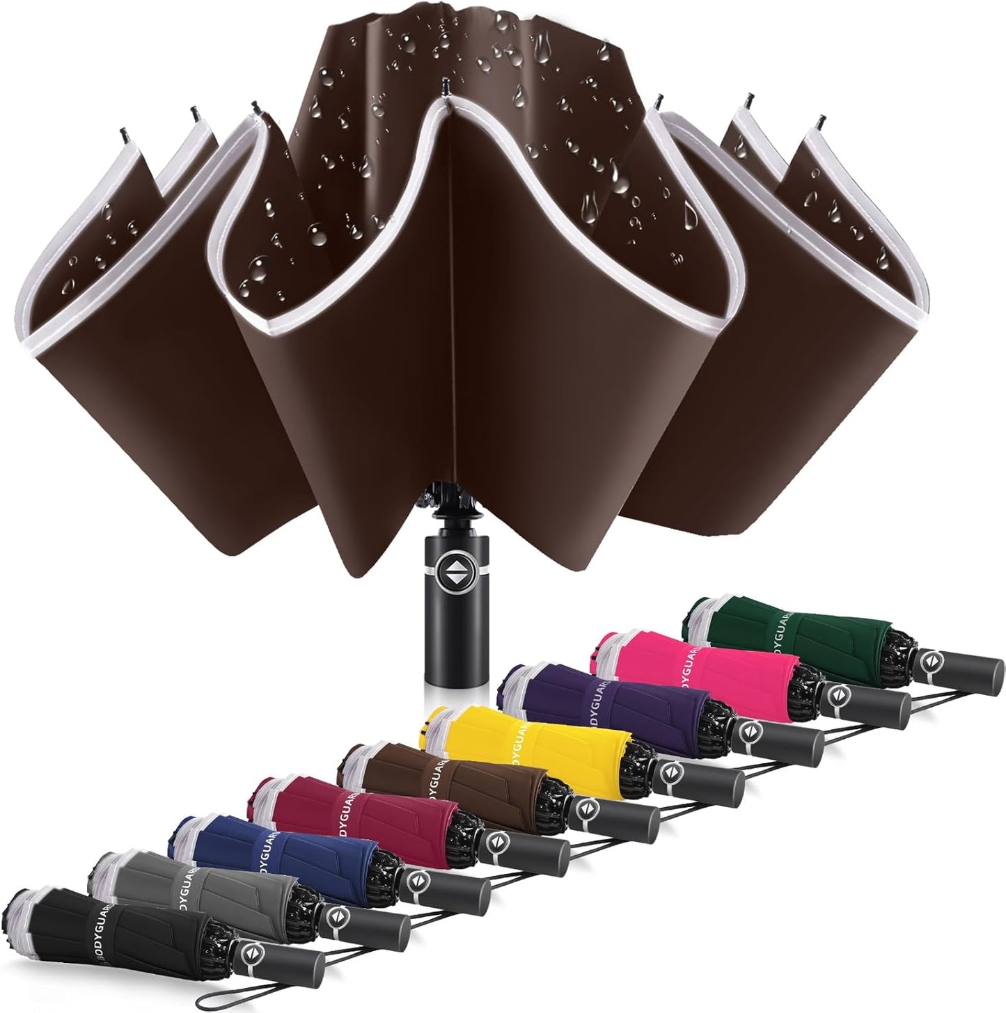 Bodyguard Inverted Umbrella - Large Windproof for Rain & Sun, Compact Reverse With Reflective Stripe, Teflon-Coated for Women Men, Travel Folding With Cover Bag