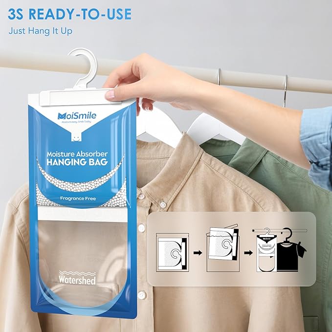 Moisture Absorbers 10 Pack Fragrance Free, Hanging Closet Dehumidifier Bags, Humidity Absorber, Compact Eliminates Odors Humidity Packs for Car, Bathroom, Bedroom, Basement, 9.8OZ