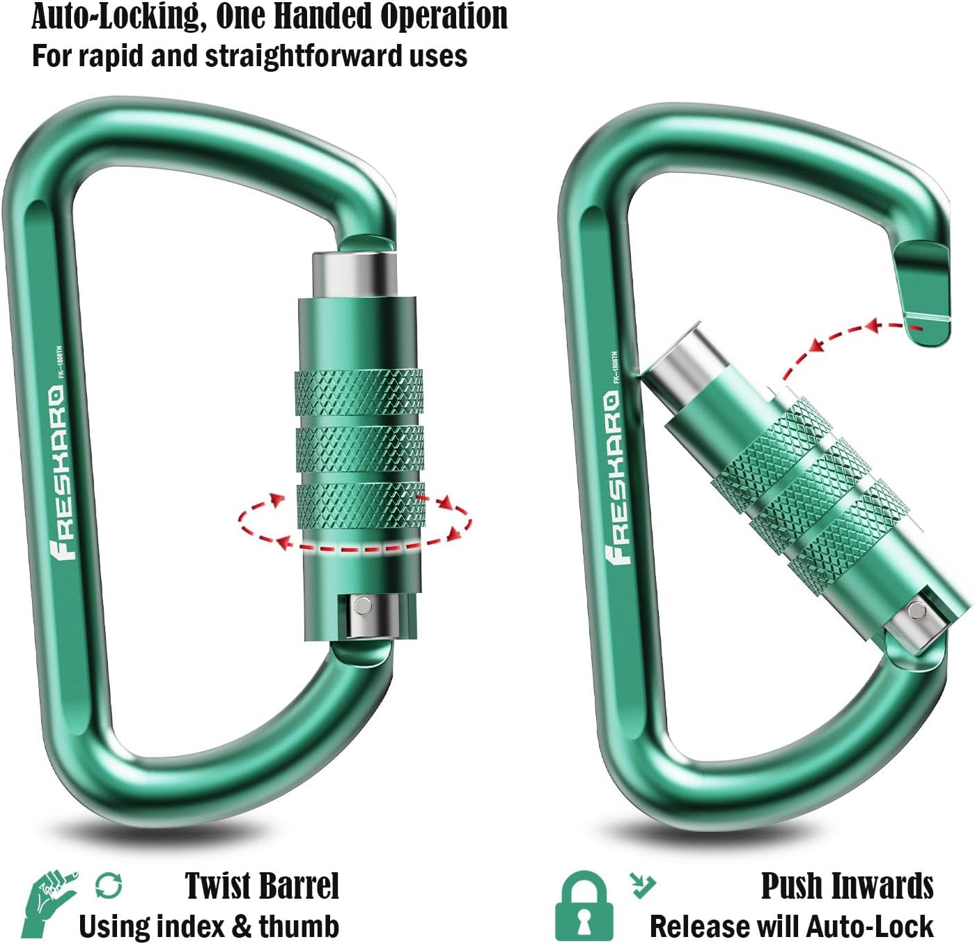FresKaro 3inch 12kN-2698lbs Auto Locking Carabiner Clips, Solid D Shape, Heavy Duty 7075 Aluminum, Lightweight 1.09oz, Rust Proof, for Hammock, Hiking, Dog Leash, Keychain etc., Multi-Colors